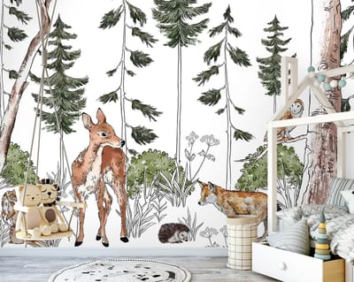 Fotobehang - Dieren - Bos - Cartoon - Woud - Witte Achtergrond - Vliesbehang - 152x104cm (lxb)