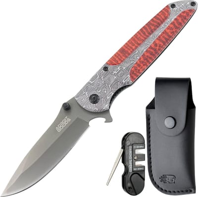 AdroitGoods RVS zakmes damast-look met Vezelcomposiet inleg – incl. hoes & slijptool - Premium opvouwbaar outdoor-mes – 19 cm totaal, 9 cm roestvast stalen lemmet - Vezelcomposiet handgreep met damast-stijl afwerking