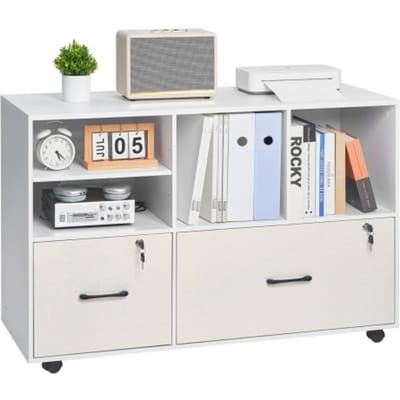 VEVOR Houten archiefkast met 2 lades, mobiele kantoorkast met open planken, afsluitbare zijrolkast met verstelbare planken, printerstandaard voor schoolkantoor, wit