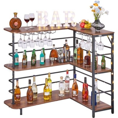 VEVOR L-vormige thuisbar met opbergruimte, 3-laags bartafel met wijnglazenhouder, draagvermogen 99,8 kg, hoekbartafel van bewerkt hout voor thuis, keuken, woonkamer, kelder, bartafel 1200 x 900 x 1095 mm