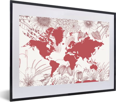 Poster in lijst - Fotolijst 60x40 cm - Posters - Wereldkaart - Roze - Wit - Posterlijst zwart - Decoratie - Wanddecoratie woonkamer - Muurdecoratie slaapkamer
