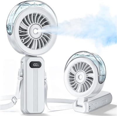 Draagbare handventilator met verneveling – Snelle, via USB oplaadbare ventilator – Met vernevelingsfunctie en led-display – 6000 mAh – Ook te gebruiken als opvouwbare bureauventilator – Ideaal voor op reis en buitengebruik – Wit
