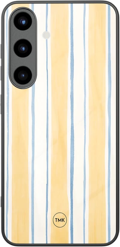 Hoesje geschikt voor Samsung Galaxy S25 - Gestreept geel - Geel - TPU luxe case (glossy toplaag) - Gestreept - Hardcase backcover zwart