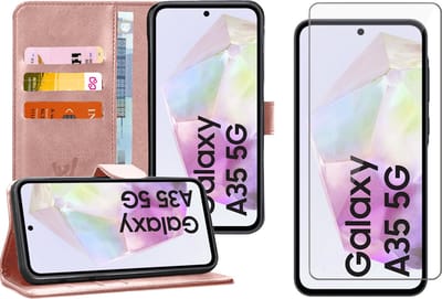 Hoesje geschikt voor Samsung Galaxy A35 - Screenprotector Glas - Portemonnee Book Case Rosegoud