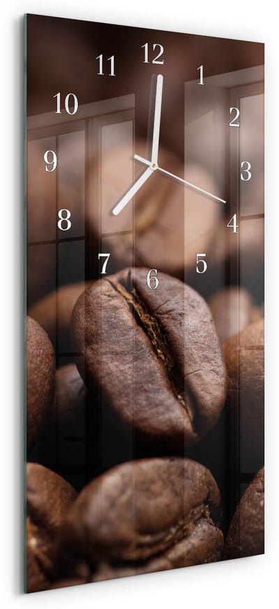 Tulup Wandklok - Koffiebonen Wandklok Glas Met Motief - 30x60 cm - Bruin Decoratieve Glazen Klok - Witte Handen - Rechthoekige Wandklok - Wandklok Glas Met Motief - Decoratieve Glazen Klok
