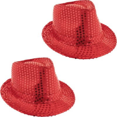 Funny Fashion Trilby hoedje - 2x - rood - glitter - pailletten - polyester - heren/dames - Carnaval - glitterhoed