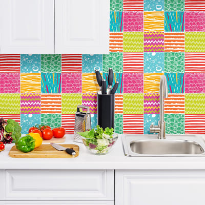 Zelfklevende tegelmuurstickers voor keuken en badkamer - 9 cementtegelstickers, Azulejos Begona-stijl - 9 stickers, 10x10 cm
