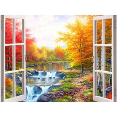 5D volledige ronde diy diamant schilderij mozaïek venster rivierlandschap kruissteek 20X30CM yellow