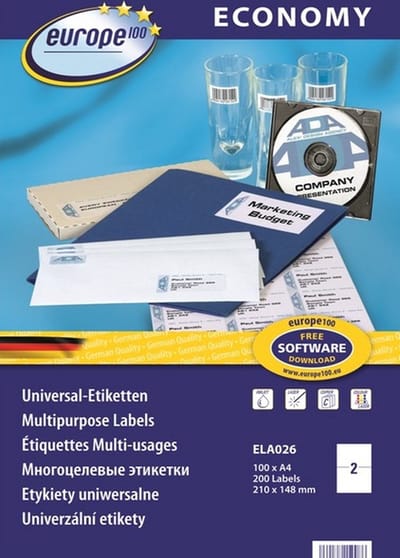 Europe 100 ELA026 Universele etiketten 210 x 148.5 mm Papier Wit 200 stuk(s) Permanent hechtend Inkjet, Laser (zwart/wit), Laser (kleur), Kopiëren