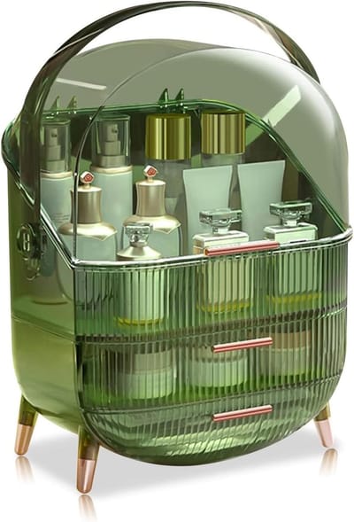 3 lagen cosmetische opslag met grote capaciteit, cosmetische vitrine met 2 opbergladen, cosmetische organizer voor badkamer aanrecht, make-uptafel, slaapkamer (helder groen)