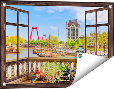 Gards Tuinposter Doorkijk Kleurrijke Oude Haven in Rotterdam - 60x40 cm - Tuindoek - Tuindecoratie - Wanddecoratie buiten - Tuinschilderij