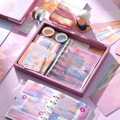 Sunset Glow Stationary Set - Dagboek - Stickers - Scrapbooking - Journaling Set - Stickerboek Volwassenen - Hobbypakket - Scrapbook Stickers - Scrapbook Papier