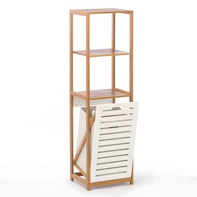BEGRYF Wasmandkast - naturel en wit - bamboe - 2 planken - 36x33x130 cm