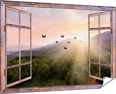 Gards Tuinposter Doorkijk Silhouet Zwerm Vogels bij Zonsondergang - 180x120 cm - Tuindoek - Tuindecoratie - Wanddecoratie buiten - Tuinschilderij