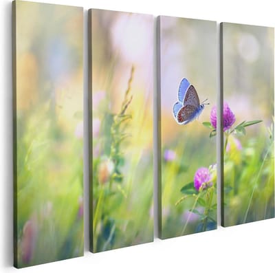 Artaza Canvas Schilderij Vierluik Blauwe Vlinder Bij Een Paarse Bloem - 80x60 - Foto Op Canvas - Canvas Print