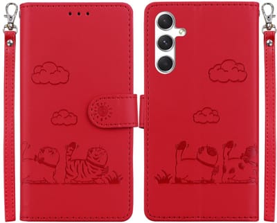 BookCover Hoes Etui geschikt voor Samsung Galaxy S24 - S25 - Rood - Cartoon Cats - Kat - Reliëf