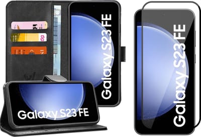 Hoesje geschikt voor Samsung Galaxy S23 FE - Screenprotector Volledig Dekkend Glas - Portemonnee Book Case Zwart