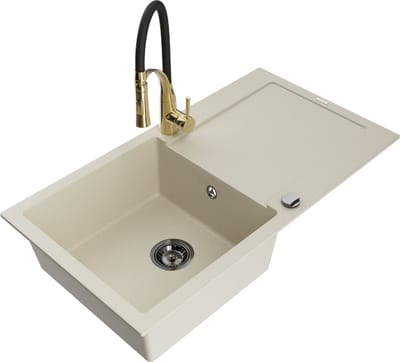 Mexen Leo granieten gootsteen met 1 kom met afdruiprek en keukenmengkraan Aster, beige - 6501-69-73450-57-B