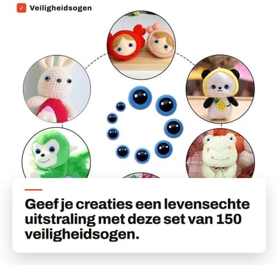 Dailygoods- Veiligheidsogen 150 Stuks - Kunststof Poppenogen - Vulling voor Knuffels - Veiligheidsneusjes - Amigurumi Ogen - Sluitringen 8-24 mm