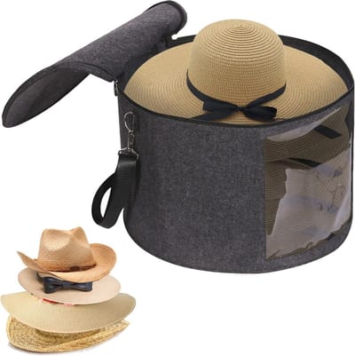 Grote hoedendozen met deksel - 45 cm D x 30 cm H - Vouwbare ronde opbergdoos voor hoeden met handvatten