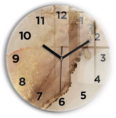Wallfluent Wandklok - Beige moderne kunst Unieke Wandklok - 30 cm x 30 cm - Bruin Wandklok - Zwarte Handen - Wandklok Met Cijfers - Kinder Wandklok Glas - Ronde Glazen Wandklok - Industrieel Wandklok - Unieke Wandklok