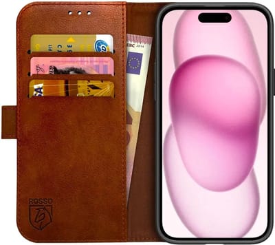 Rosso Element Book Case Wallet Hoesje Geschikt voor Apple iPhone 15 Plus | Portemonnee | 3 Pasjes | Magneetsluiting | Stand Functie | Bruin