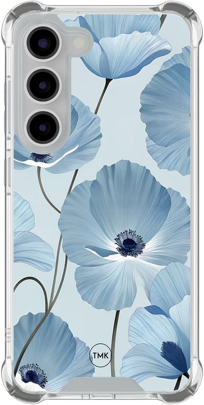 Shockproof hoesje geschikt voor Samsung Galaxy S23 - Blauw bloemenveld - Schokbestendig - Verhoogde randen - TPU case - Extra Sterke Back Cover - Bloemen - Transparant, Blauw
