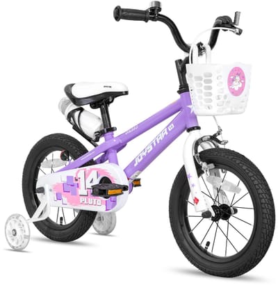 Joystar Pluto Kinderfiets - 12 inch - met mandje - met waterfles - zijwieltjes - bel - handrem - paars - Geschikt voor buitenactiviteiten in de lente