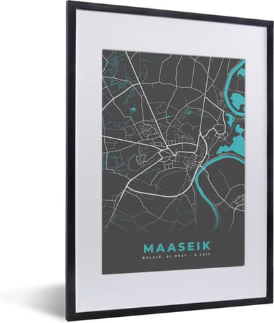 Fotolijst incl. Poster - Plattegrond – Maaseik – Blauw – Stadskaart - Kaart - 30x40 cm - Posterlijst