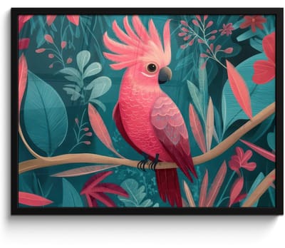 Poster in lijst - Fotolijst 80x60 cm - Posters - Kaketoe - Tropische bladeren - Tak - Posterlijst zwart - Decoratie - Wanddecoratie woonkamer - Muurdecoratie slaapkamer