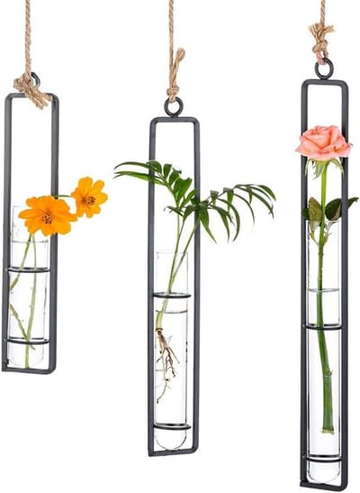 Set van 3 Metalen Hangende Bloempotten met Transparante Glazen Testbuizen voor Hydroponische Planten Decoratie in Woonkamer en Badkamer