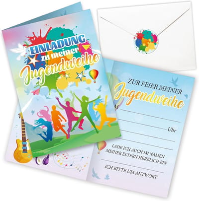 Famanu – Uitnodigingskaarten voor jeugdwijding met enveloppen en stickers, kleurrijke feestuitnodiging