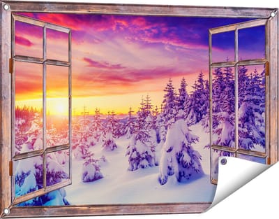 Gards Tuinposter Doorkijk Zonsondergang in het Sneeuw Bos - 90x60 cm - Tuindoek - Tuindecoratie - Wanddecoratie buiten - Tuinschilderij