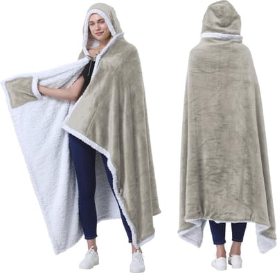 Dekenponcho met Capuchon en Steekzakken - Comfortabele Sherpa-fleece Omslagdoek voor Kinderen en Volwassenen