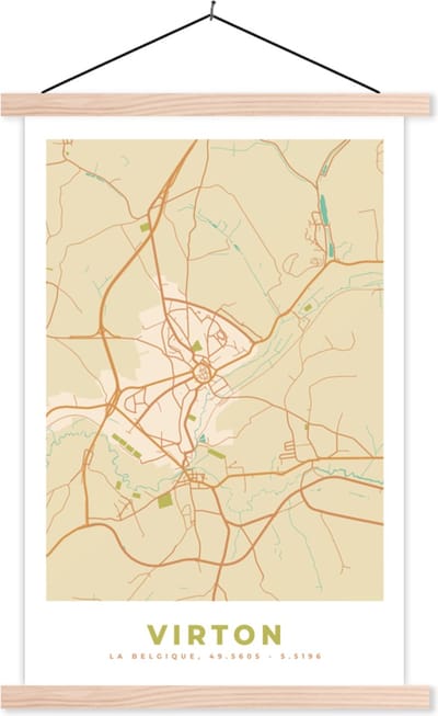 Posterhanger incl. Poster 40x60 cm - Schoolplaat - Kaart - Retro - Vintage - Virton - Plattegrond - Stadskaart - Textielposter - Blanke latten - Stadskaart