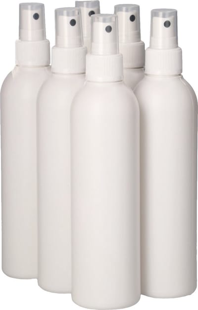 6 x 250 ml ronde fles HDPE wit + Spraypomp wit- BPA Vrij - Niet Breekbaar - Plastic Flesjes Navulbaar - Met Dop - Lege Flessen - 6 stuks
