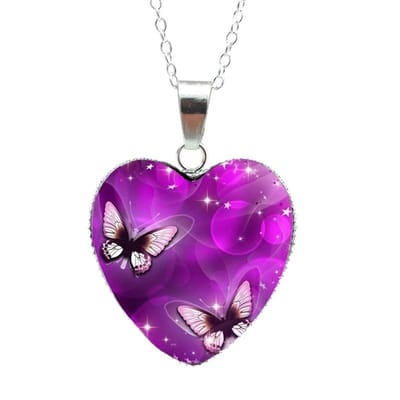 Hartvormige Ketting Vlinders - Paars - Verzilverd - 60 cm - EmmyRovi