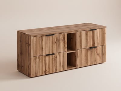 Vente-unique Geribbeld zwevend meubel onder wastafel met nissen - Licht naturel - L140 cm - ZEVARA