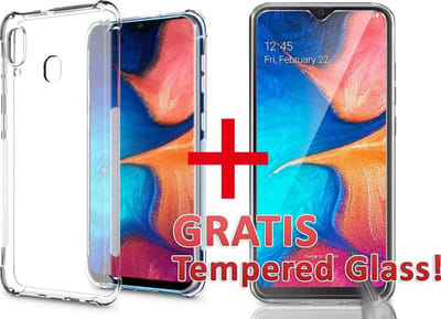 HB Hoesje Geschikt voor Samsung Galaxy A20e - Anti Shock Hybrid Back Cover + Tempered Glazen Screenprotectors - Transparant