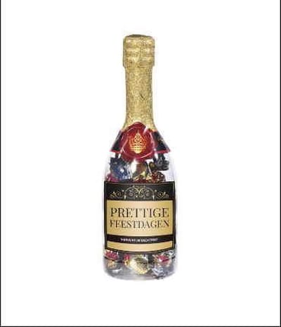 Snoep - Champagnefles - Prettige feestdfagen - Gevuld met Snoep - In cadeauverpakking met gekleurd lint