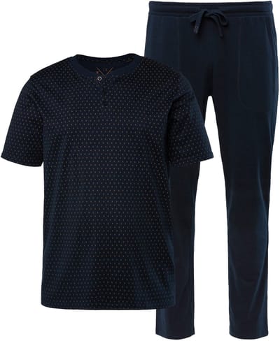 JP 1880 - Heren - Pyjama homewear tweedelig henley met minimalistische print - Navy blauw - Maat XXL