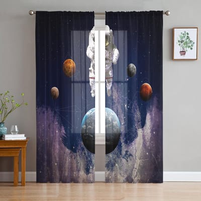 Jongenskamer Transparante Gordijnen Wetenschap Raket Planeet Keuken Studiegordijnen Woonkamer Vakantiedecor Tule Gordijnen 135W x 114H(cm)