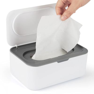 MDUG Opbergdoos voor babydoekjes - Wit/Grijs - Opbergdoos voor babydoekjes met deksel - Houdt doekjes fris - Antislip en stofbestendig - Gemakkelijk te openen en te sluiten