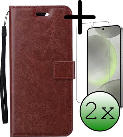 Hoesje Met 2x Screenprotector - Geschikt voor Samsung Galaxy S24 Plus - Luxe Pasjeshouder - Bookcase Portemonee - Flip Case - Kunstleer Book Case - Flipcase Hoes - Book Cover - Walletcase - Portemonneehoes - Bruin
