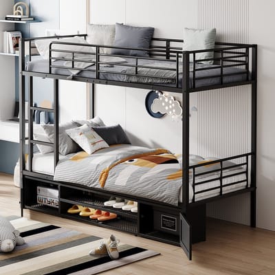 KOMHTOM Stapelbed Kinderbed 90x200 met Open schoenenkast Dubbeldeurs kleine opbergkast Zijladder Valbeveiligingsrooster Zwart