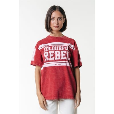 Colourful Rebel Logo Block Acid Wash Loosefit Tee Racing Red Size: S | T-Shirts Outlet | Dames | Rood