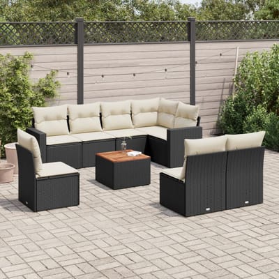 vidaXL - 9-delige - Loungeset - met - kussens - poly - rattan - zwart