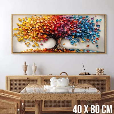 Allernieuwste.nl® Canvas Schilderij Regenboom met Vallende Bladeren – Kunst aan je Muur – Romantisch Realistisch – Kleur – 40 x 80 cm