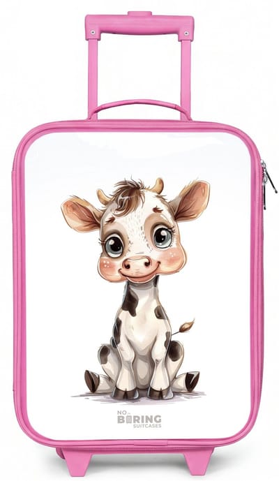 NoBoringSuitcases.com® - Kinderkoffer roze - Kindertrolley meisje - Baby koe - Koffer kind lichtgewicht - Reiskoffer trolley voor kinderen - Koffertje met lichtgevende wieltjes - Rolkoffer