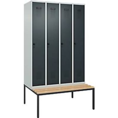 C+P Evolo Plus kledingkast, 4 vakken, 300 mm vakbreedte, met bank eronder, B 1200 x D 815 x H 2120 mm, draaischroef, lichtgrijs/antracietgrijs
